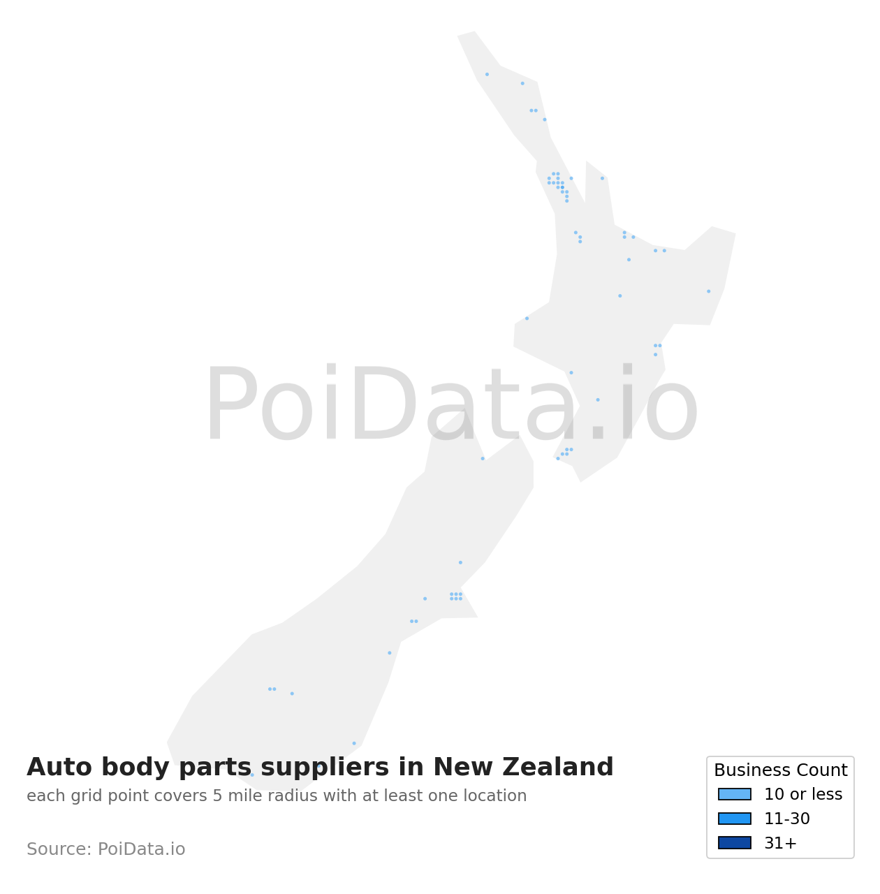 Auto body parts supplier density map for New Zealand