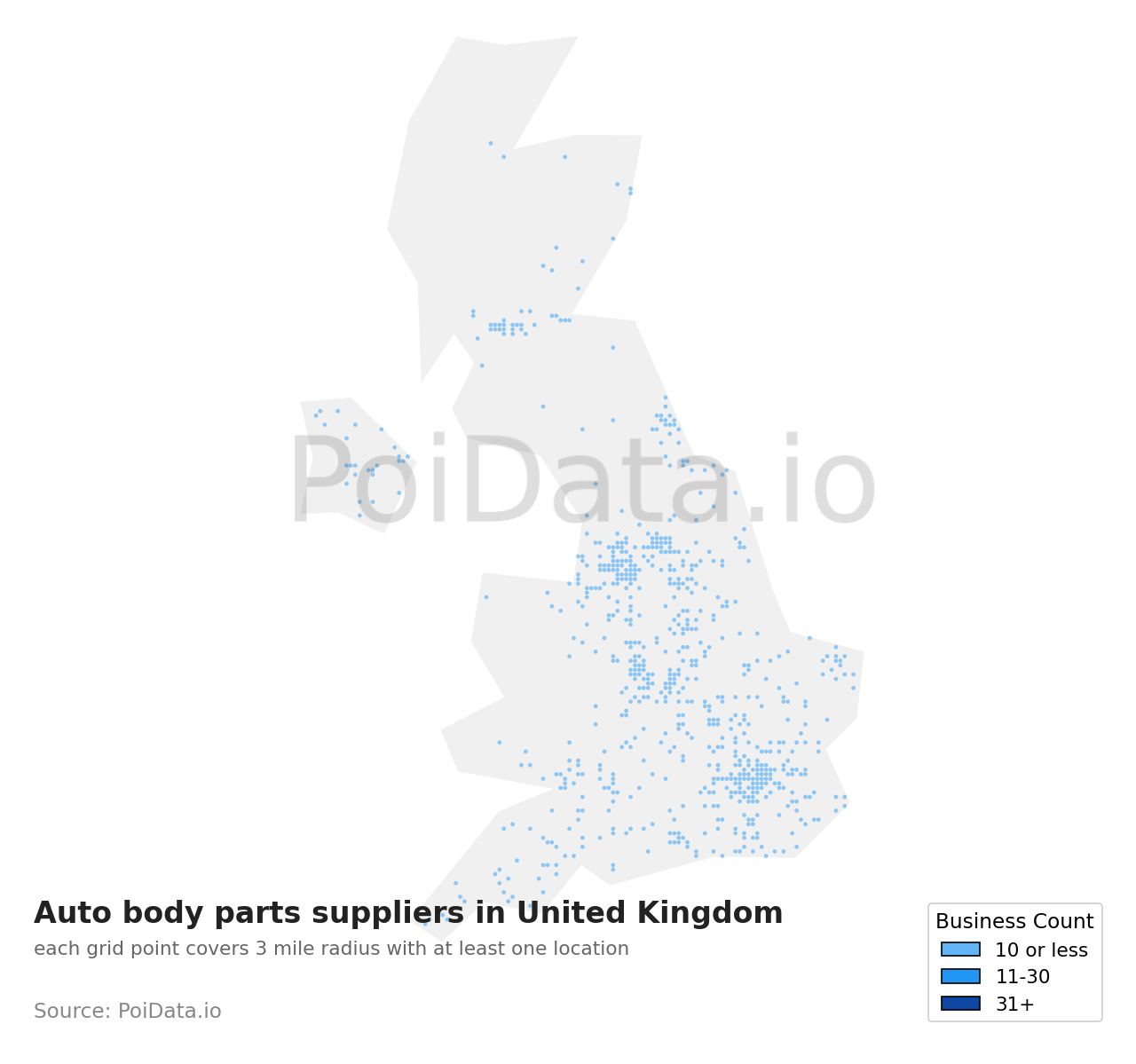 Auto body parts supplier density map for United Kingdom