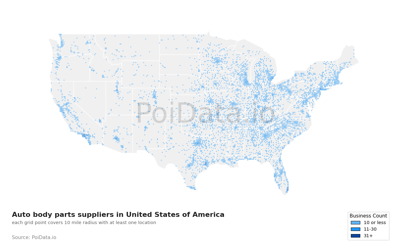 Auto body parts supplier density map for United States