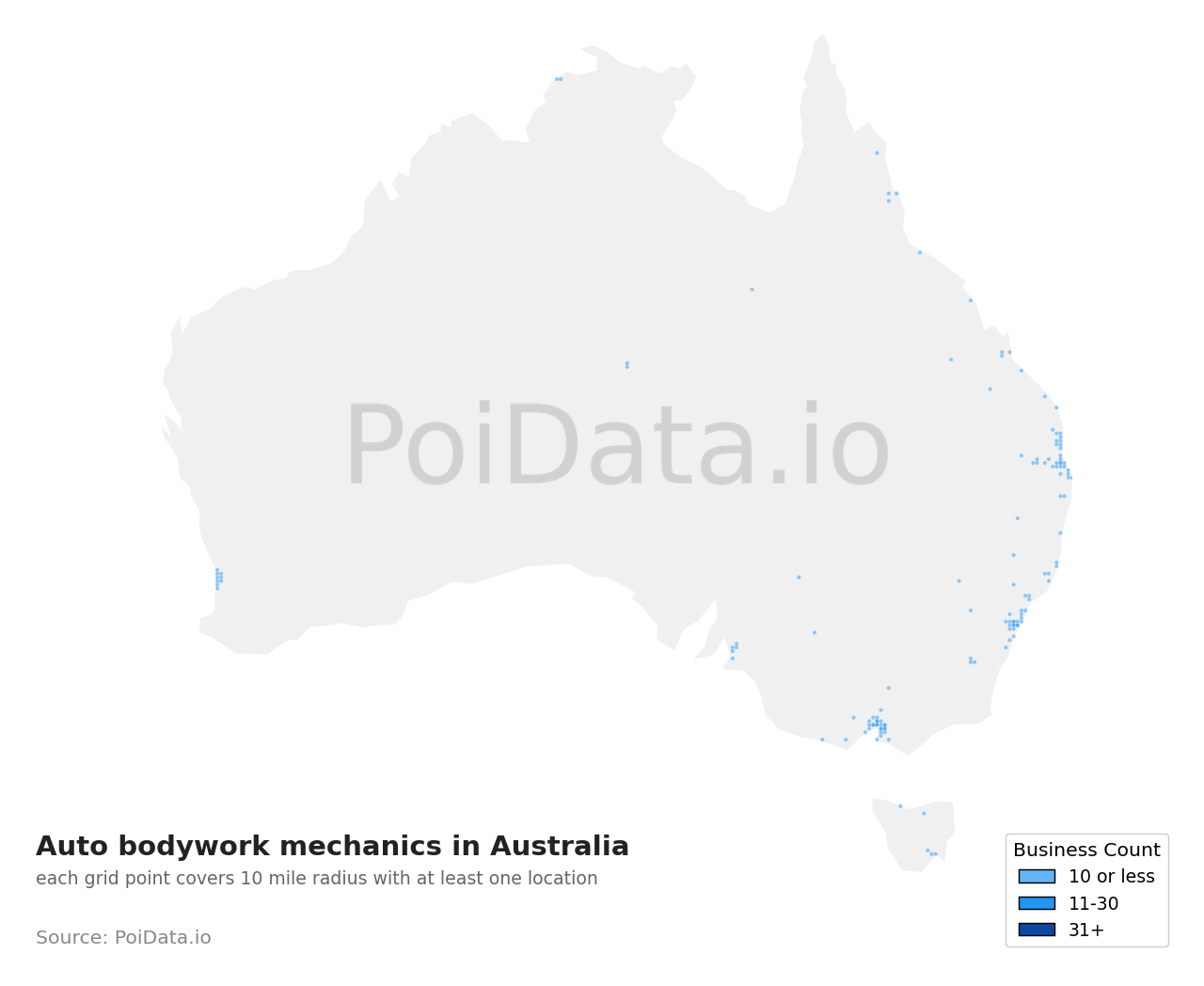 Auto bodywork mechanic density map for Australia