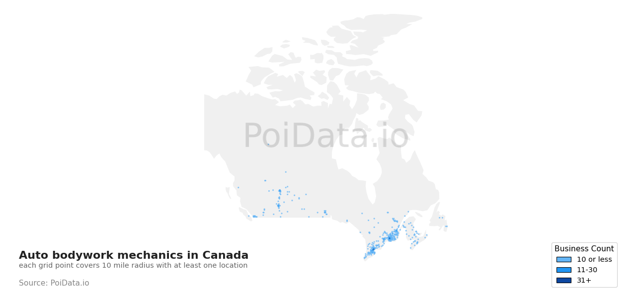 Auto bodywork mechanic density map for Prince Edward Island, Canada