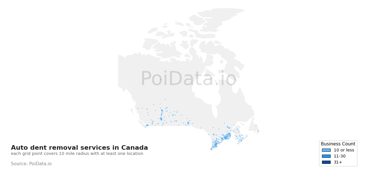 Auto dent removal service density map for Quebec, Canada