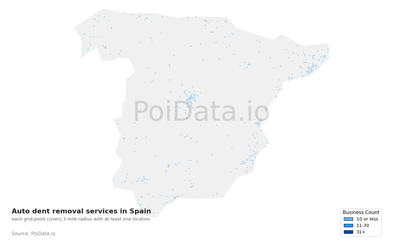 Auto dent removal service density map for Spain