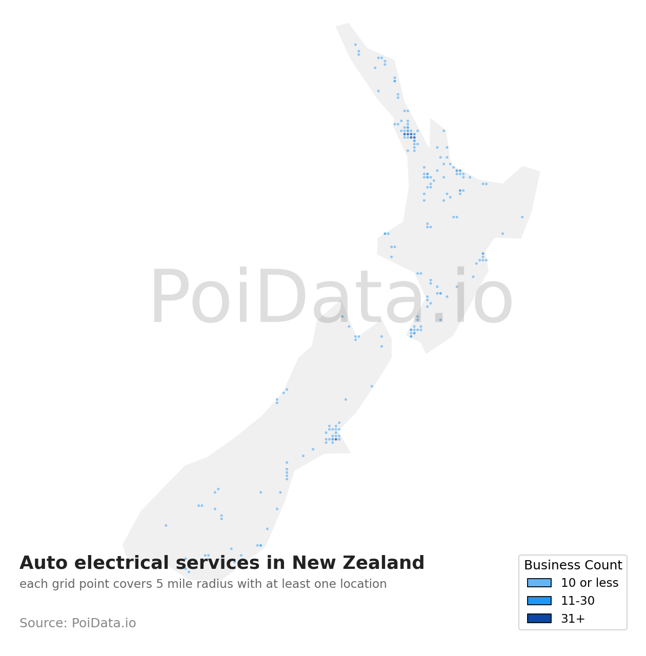 Auto electrical service density map for New Zealand