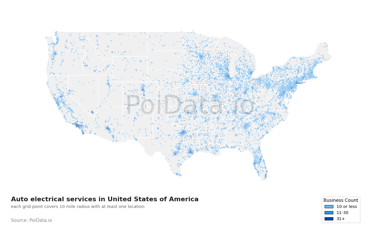 Auto electrical service density map for United States
