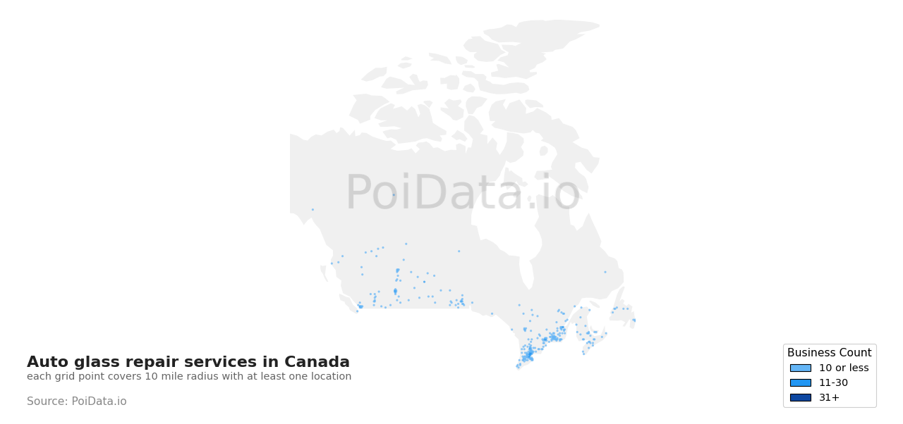Auto glass repair service density map for British Columbia, Canada