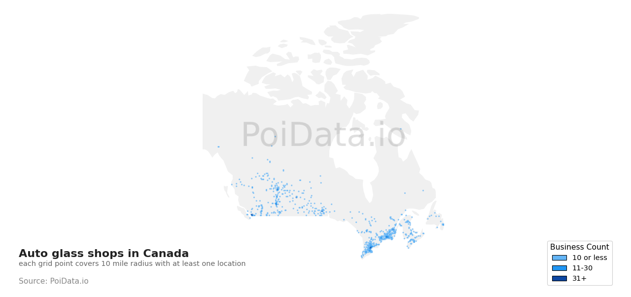 Auto glass shop density map for Canada