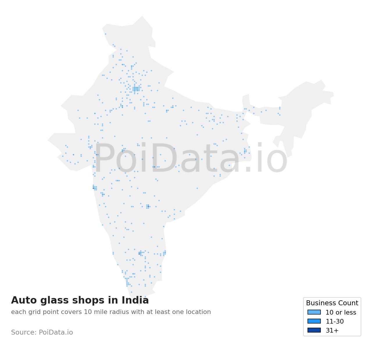 Auto glass shop density map for India