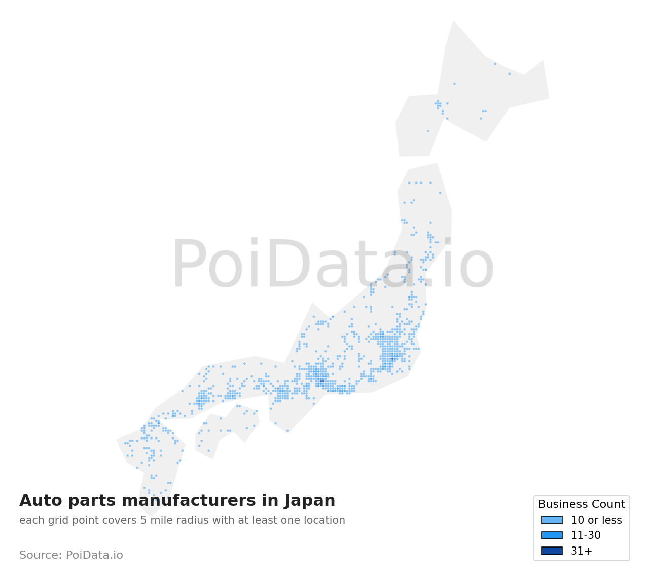 Auto parts manufacturer density map for Japan