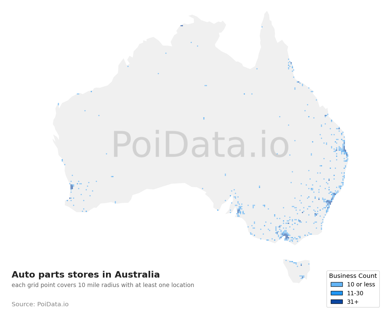 Auto parts store density map for TAS, Australia