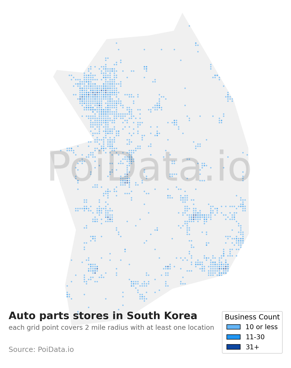 Auto parts store density map for South Korea