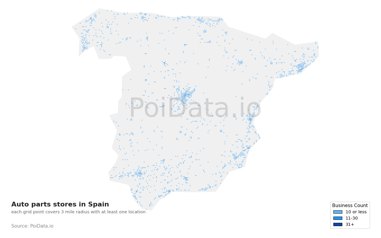 Auto parts store density map for Spain