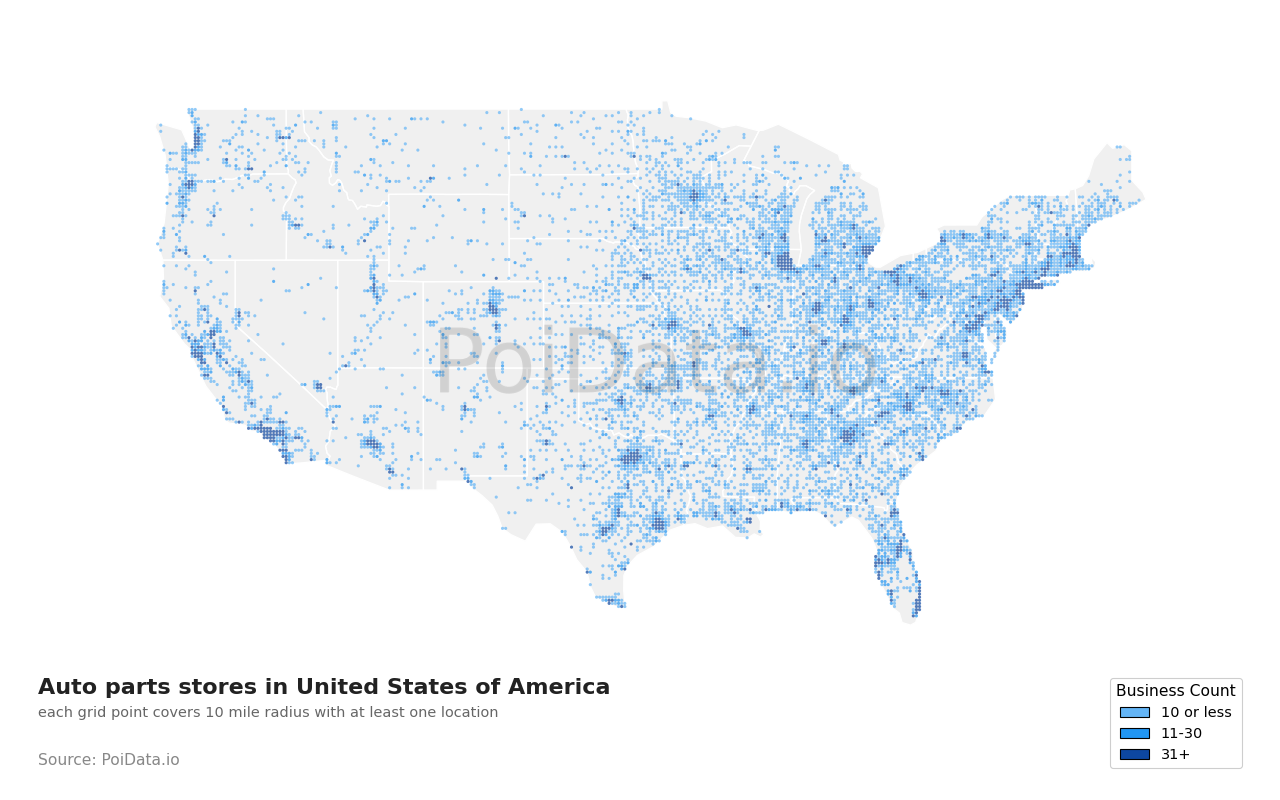 Auto parts store density map for Florida, United States