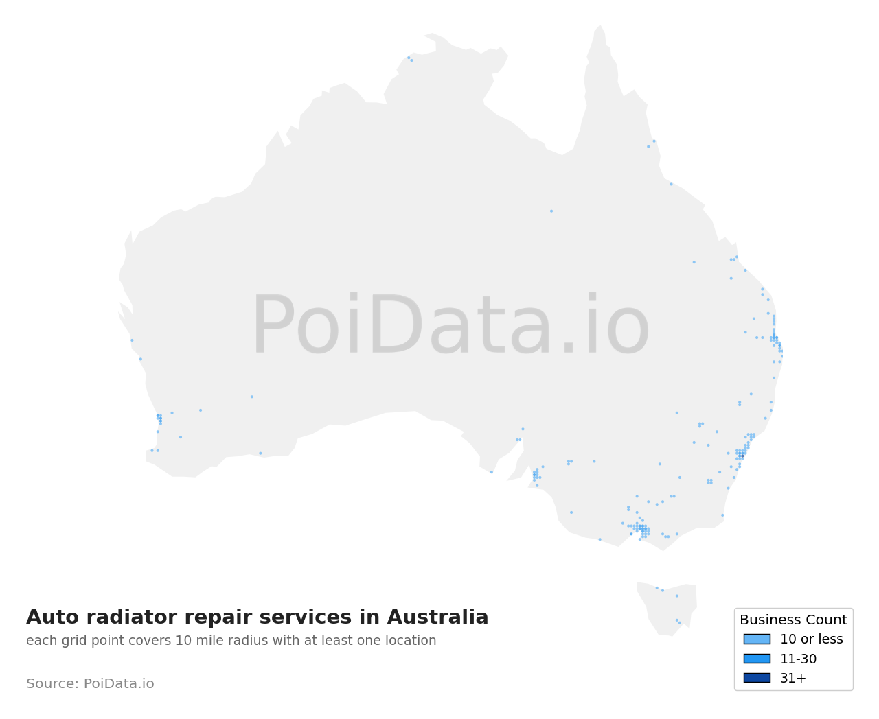 Auto radiator repair service density map for Australia