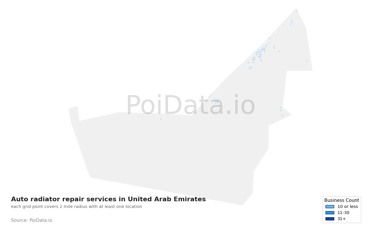 Auto radiator repair service density map for United Arab Emirates