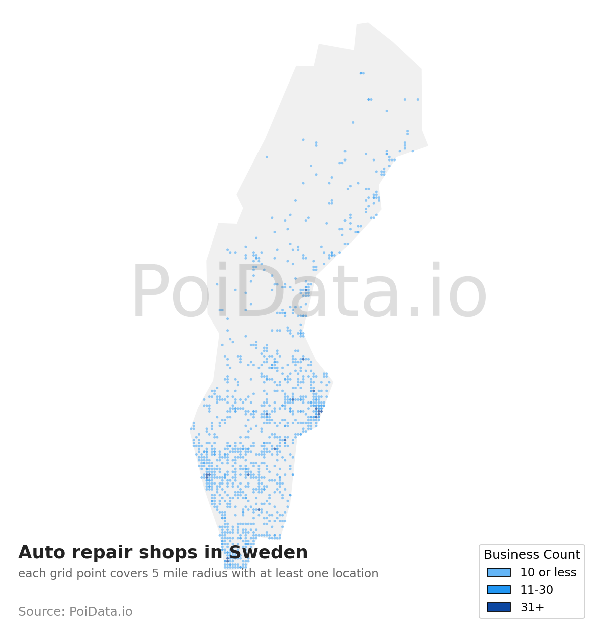 Auto repair shop density map for Sweden