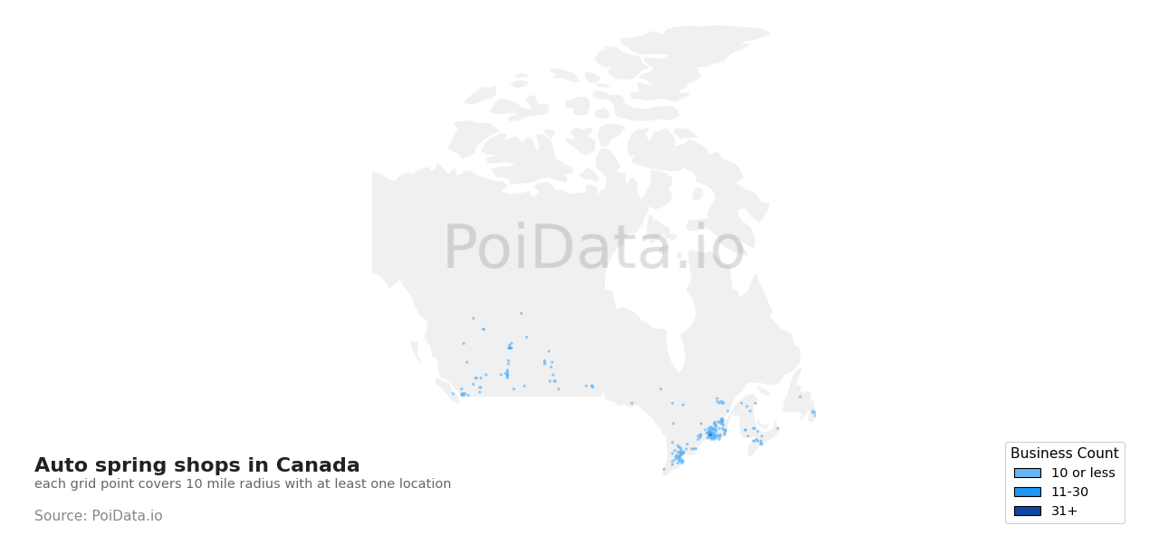 Auto spring shop density map for Manitoba, Canada