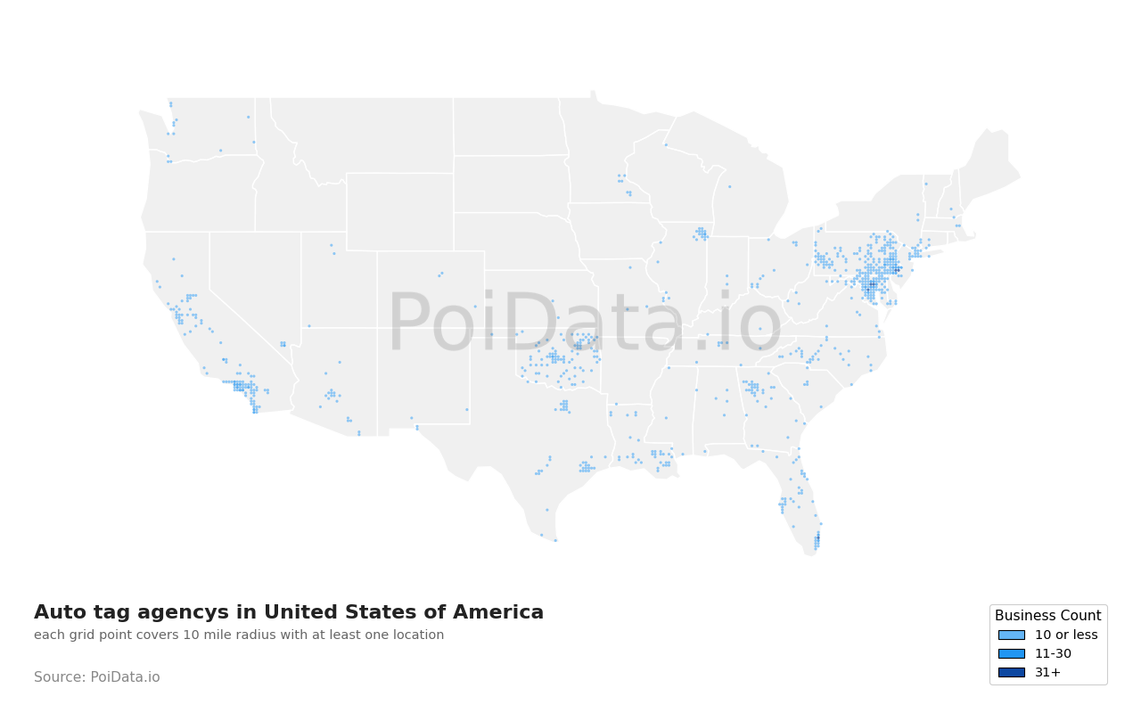Auto tag agency density map for North Carolina, United States