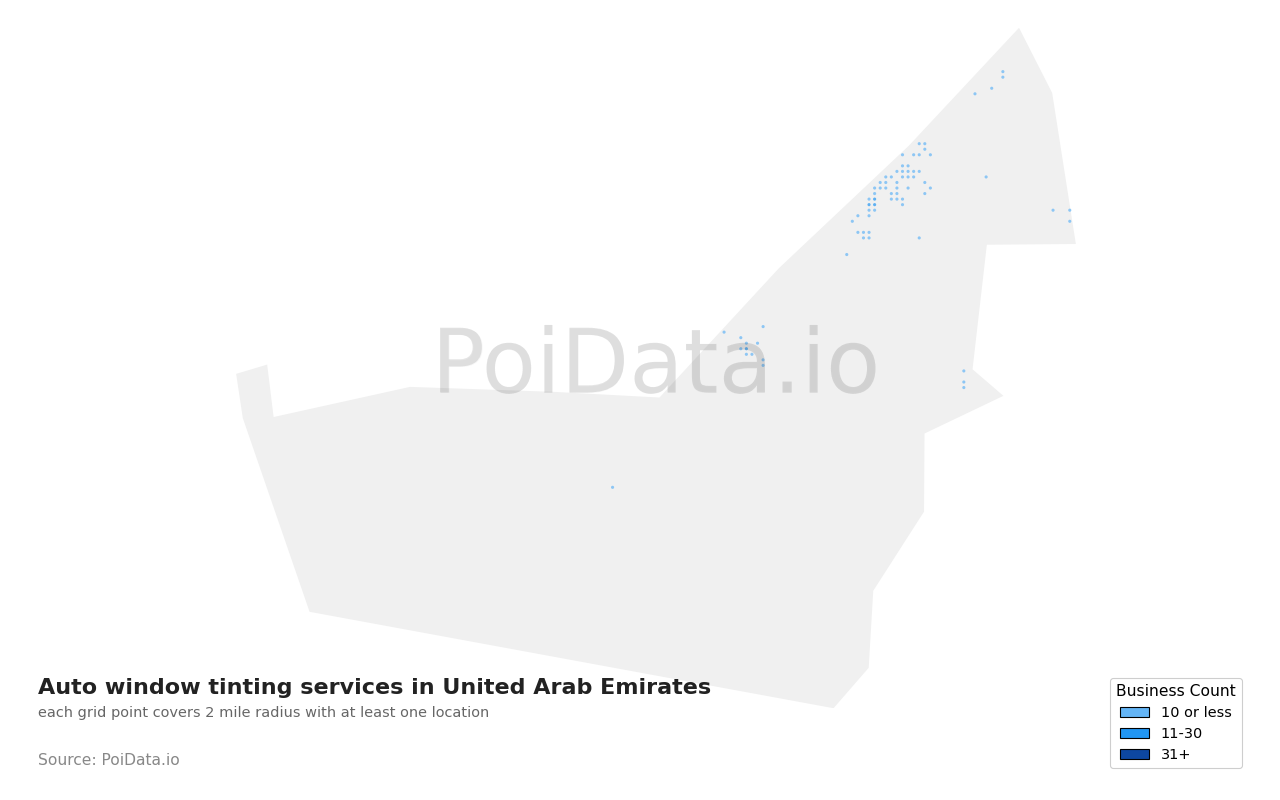 Auto window tinting service density map for United Arab Emirates