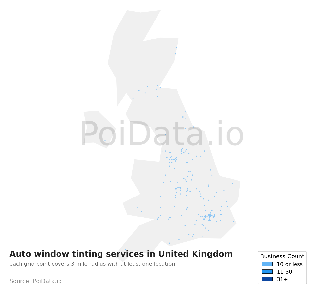 Auto window tinting service density map for United Kingdom