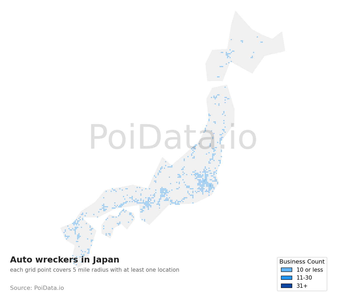 Auto wrecker density map for Kitakatsushika District, Saitama, Japan