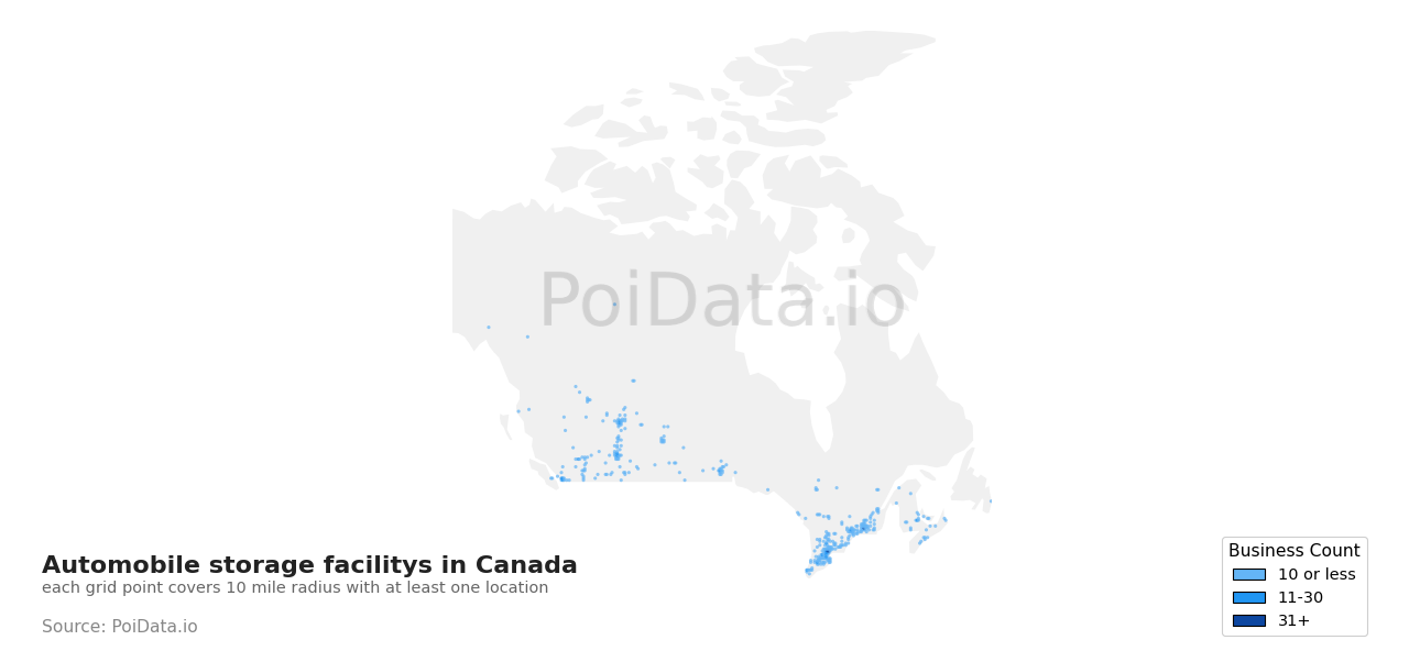 Automobile storage facility density map for Alberta, Canada