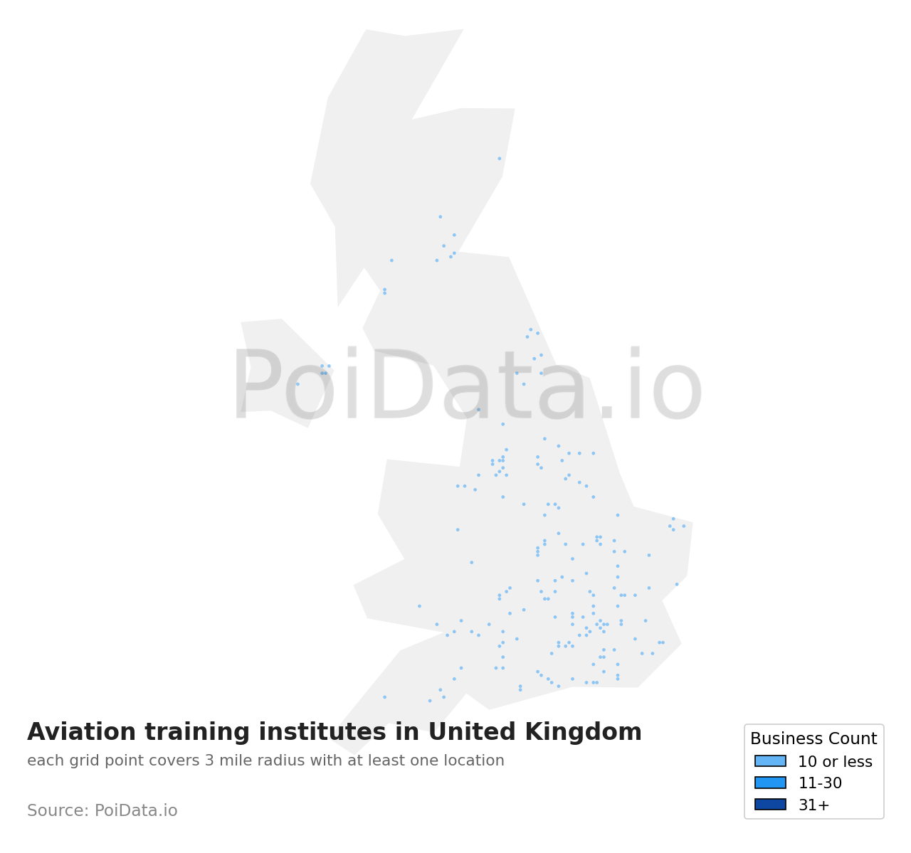 Aviation training institute density map for United Kingdom
