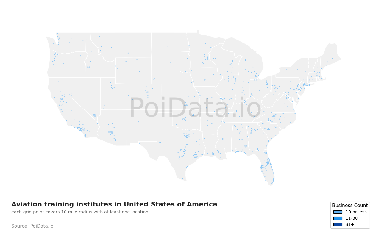 Aviation training institute density map for North Carolina, United States