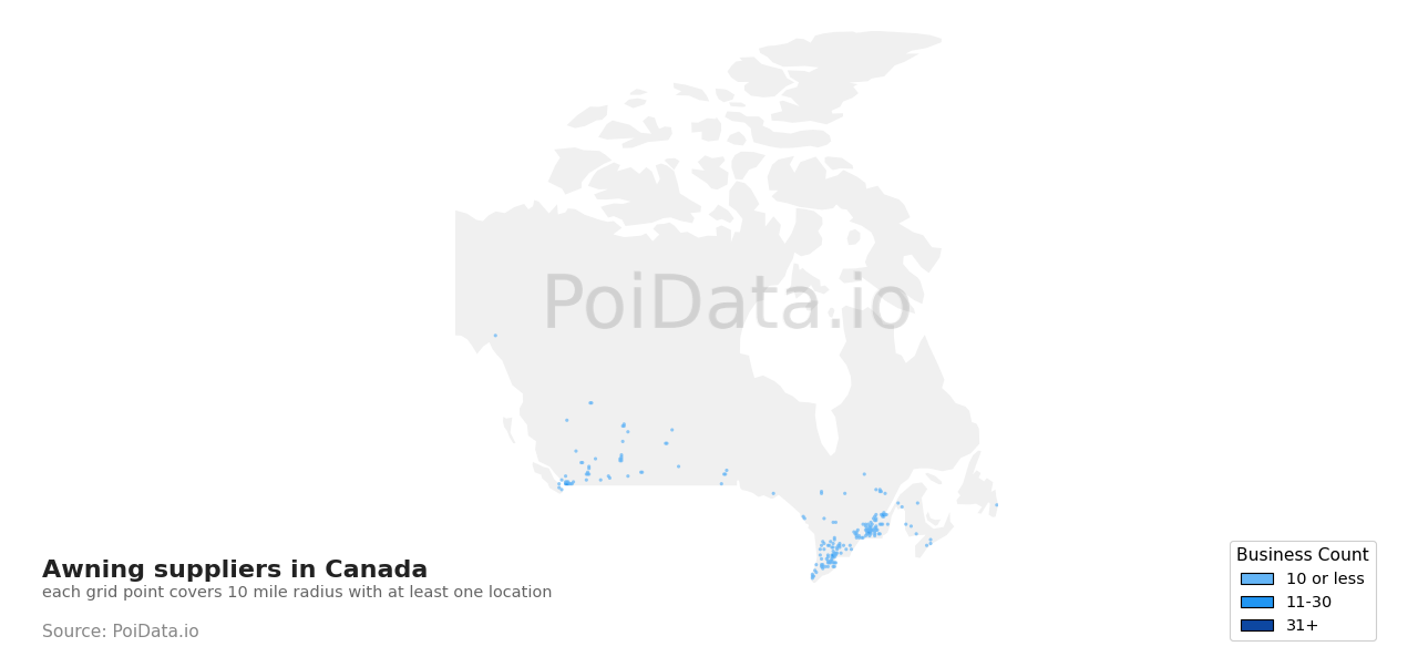 Awning supplier density map for Nova Scotia, Canada