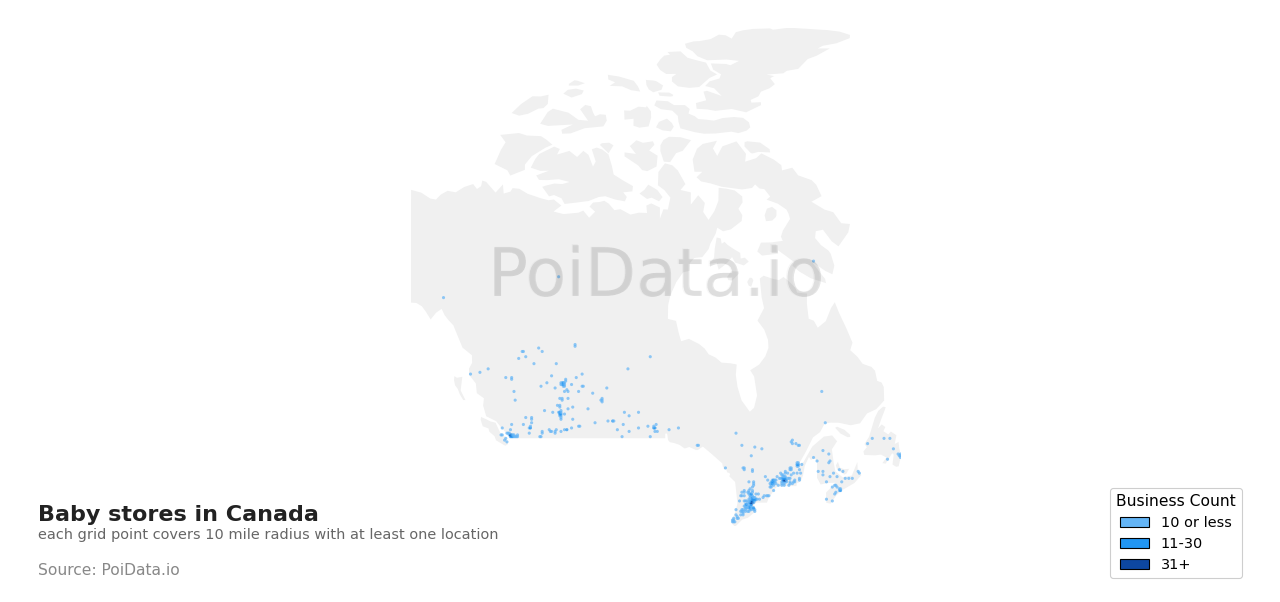 Baby store density map for Manitoba, Canada