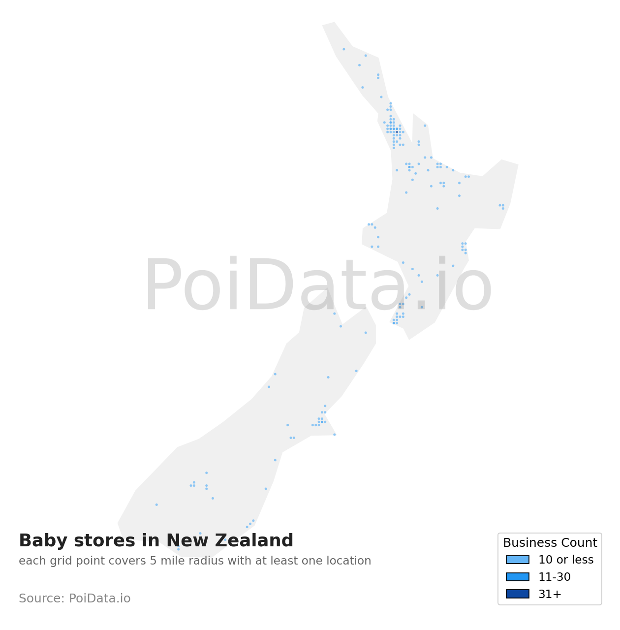 Baby store density map for New Zealand
