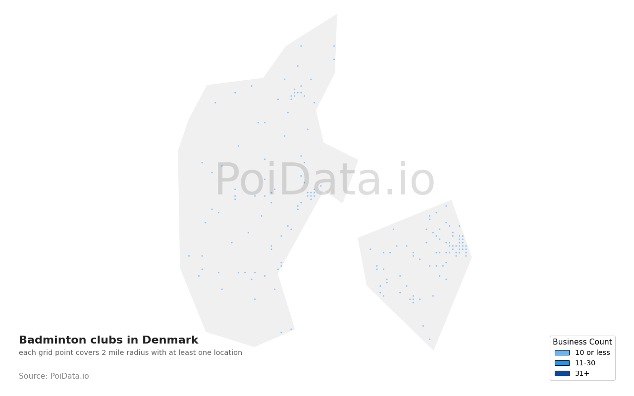 Badminton club density map for Denmark