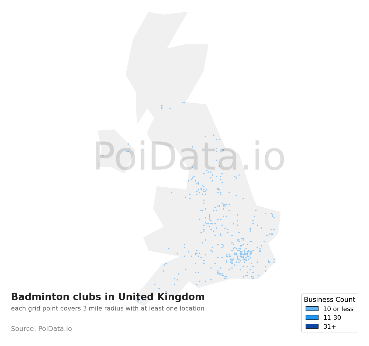Badminton club density map for United Kingdom