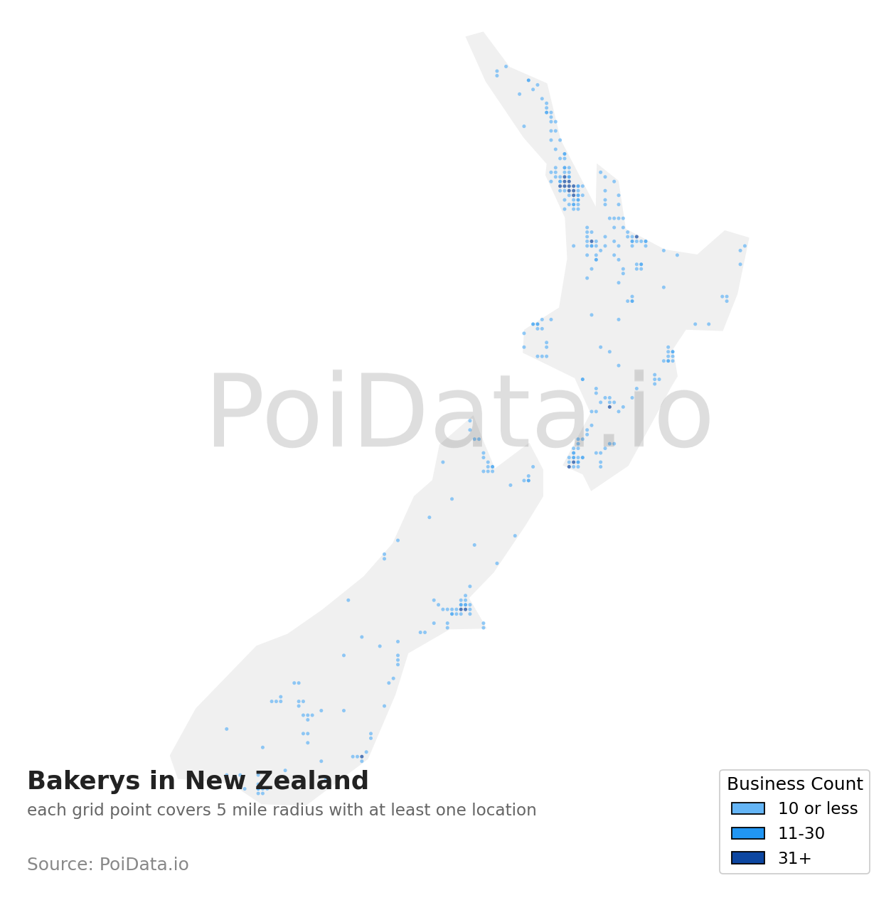 Bakery density map for New Zealand