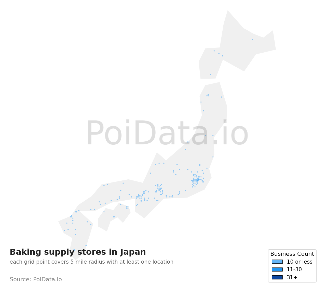 Baking supply store density map for Japan