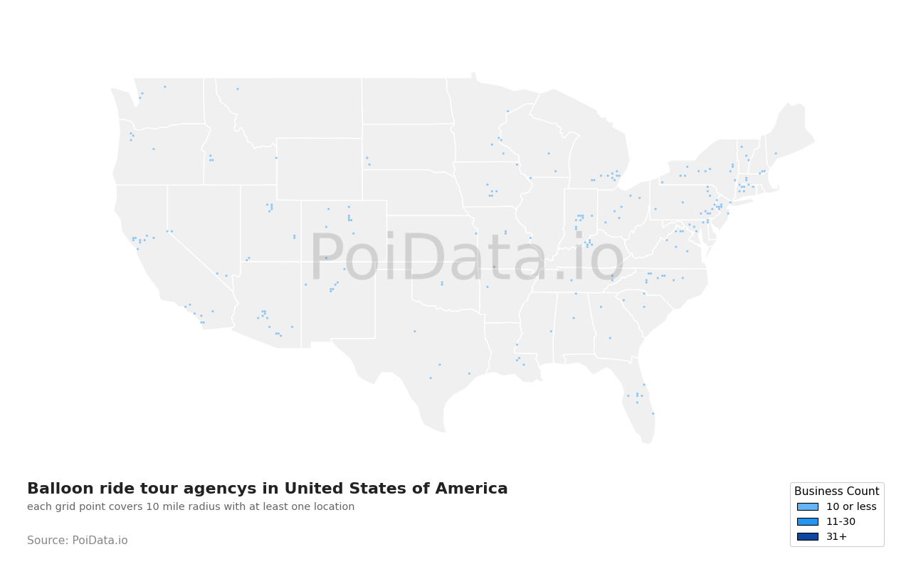 Balloon ride tour agency density map for United States