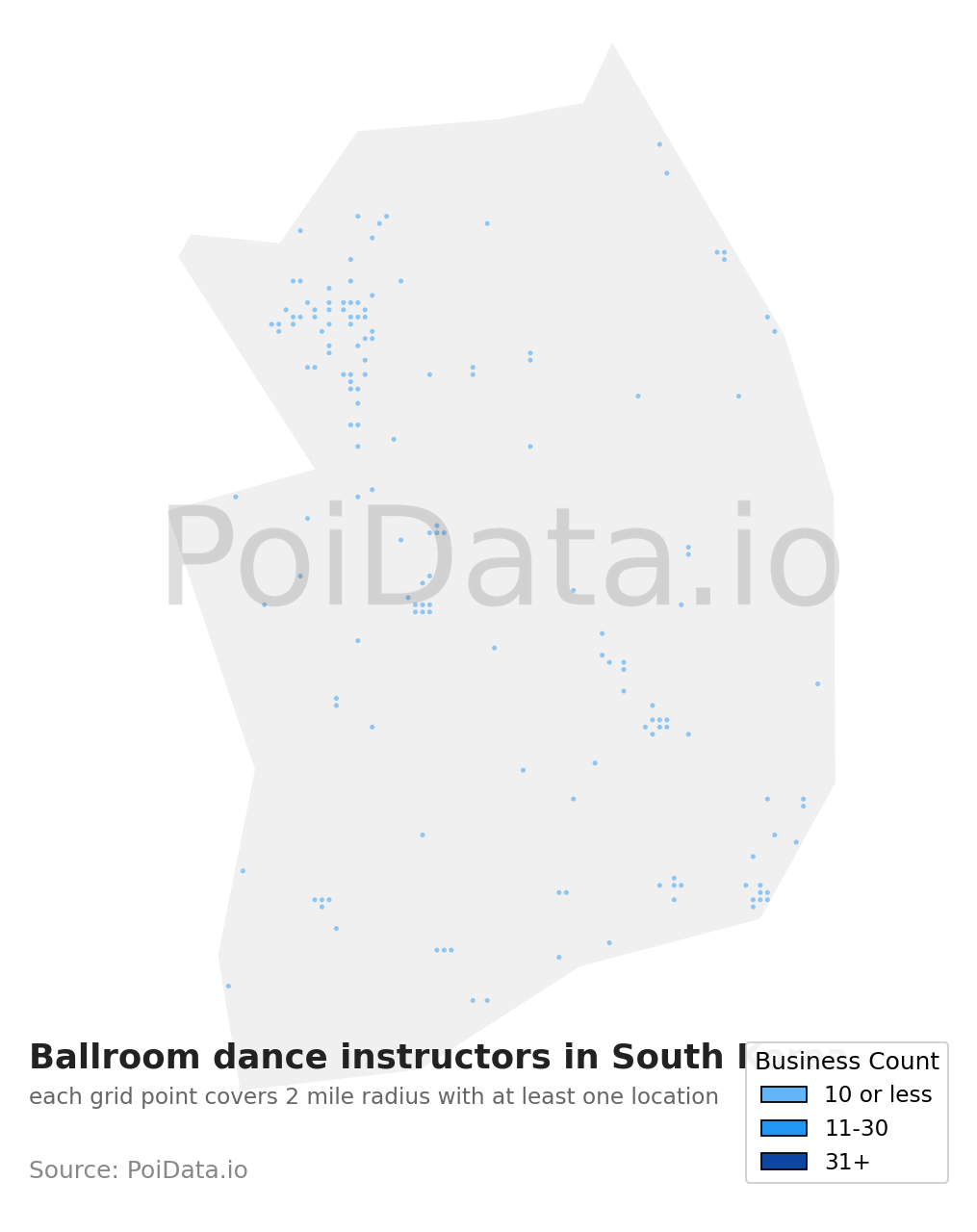Ballroom dance instructor density map for South Korea