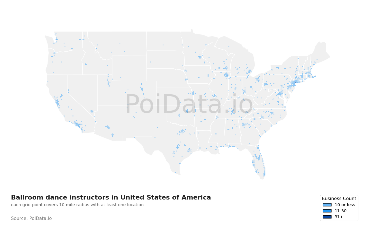 Ballroom dance instructor density map for Texas, United States