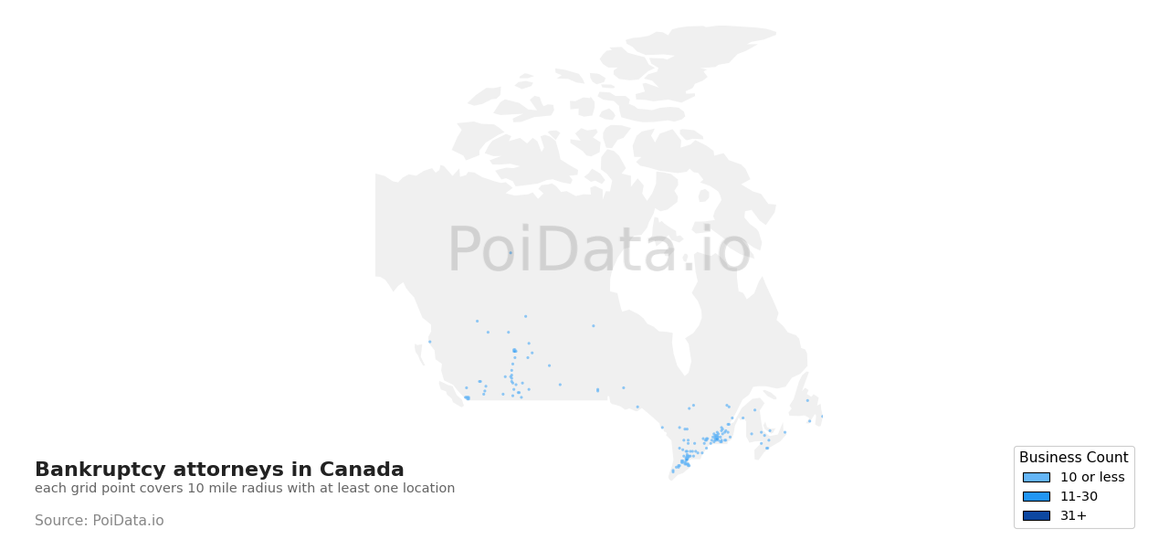 Bankruptcy attorney density map for British Columbia, Canada