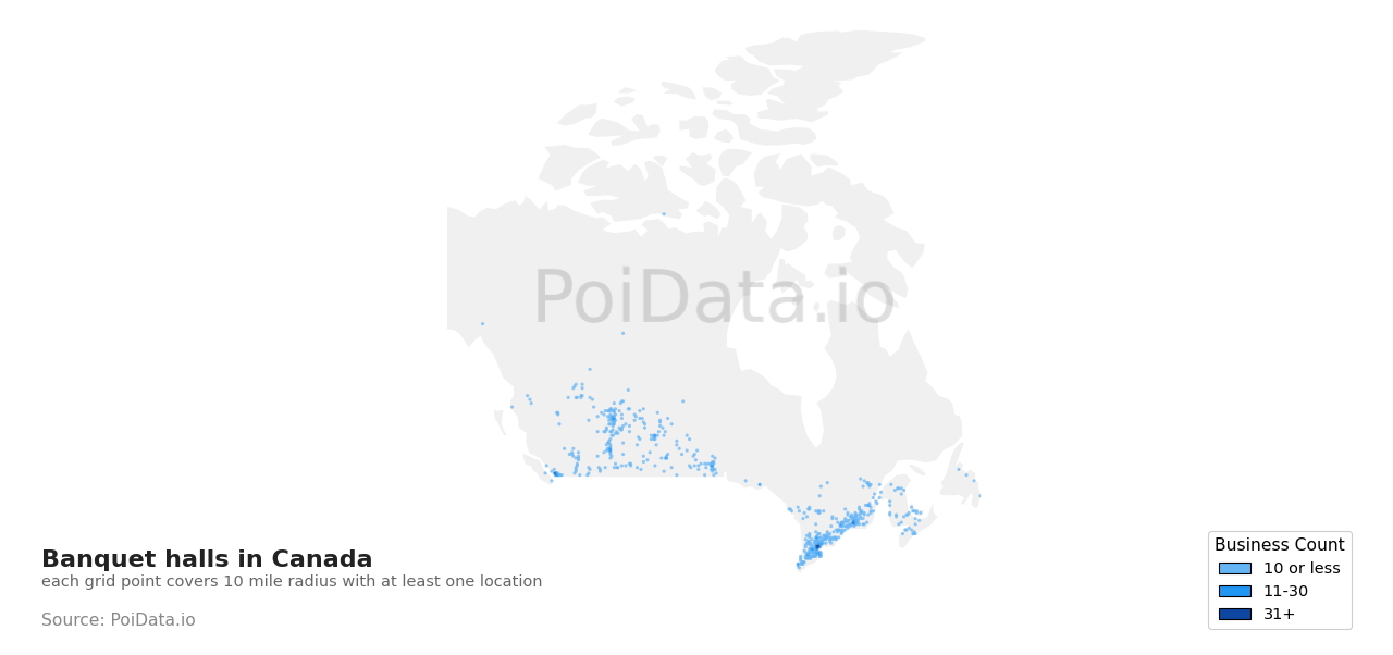 Banquet hall density map for Canada
