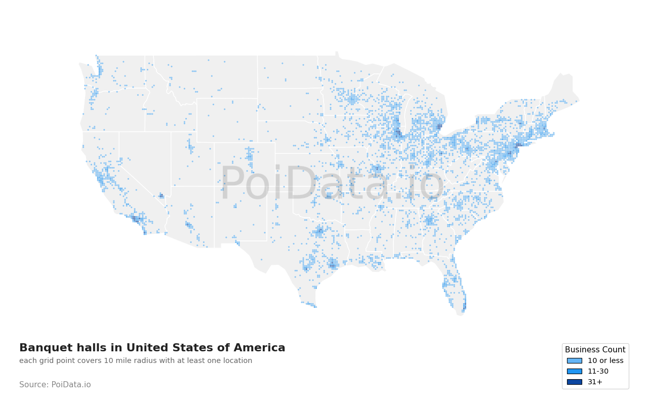 Banquet hall density map for United States