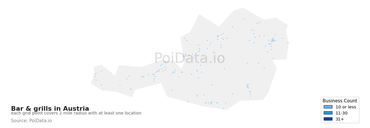 Bar & grill density map for Austria
