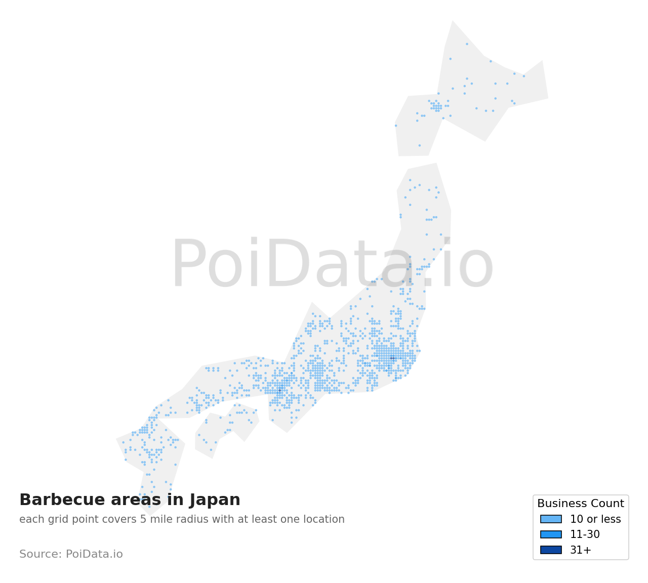 Barbecue area density map for Japan