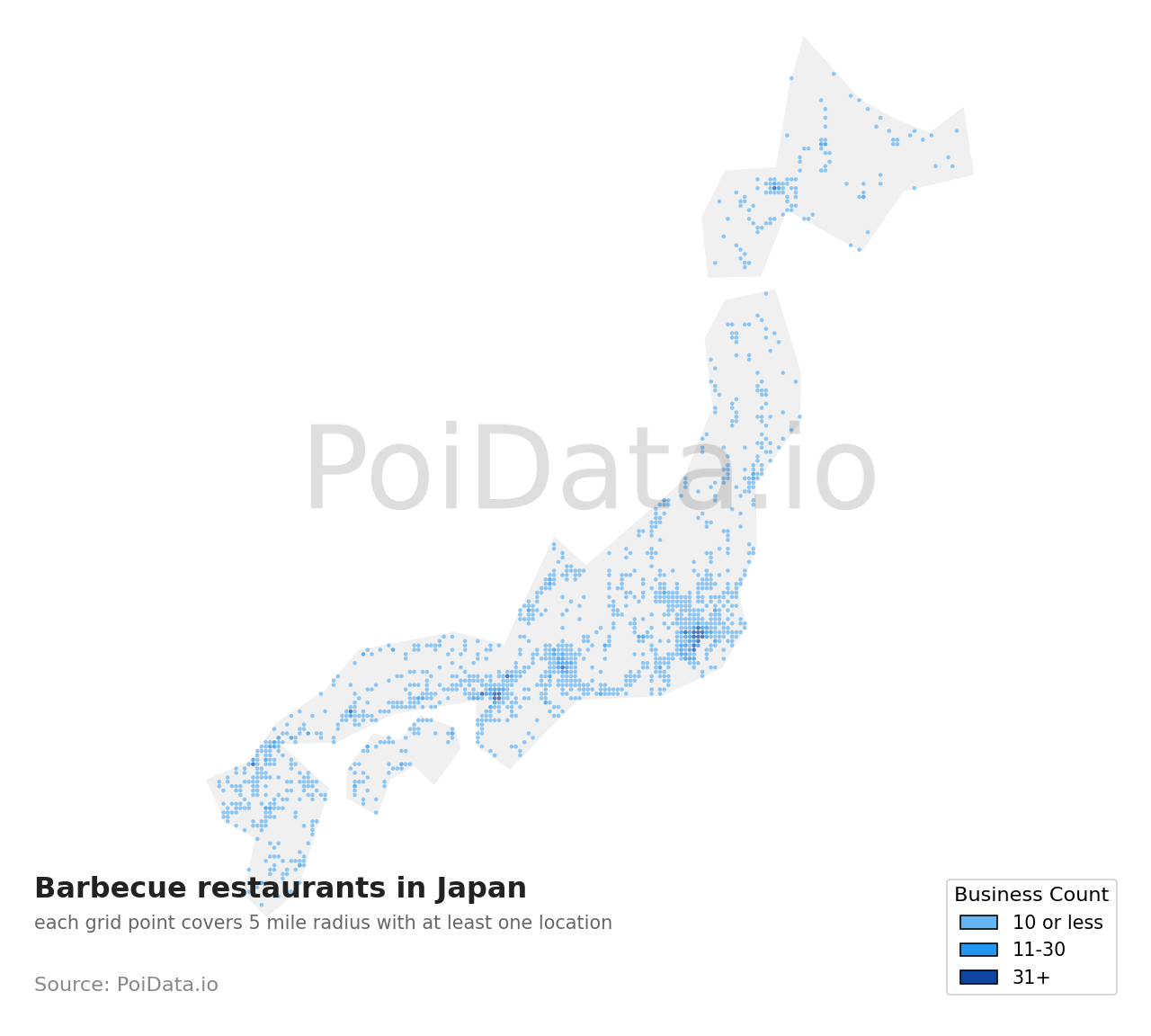 Barbecue restaurant density map for Japan