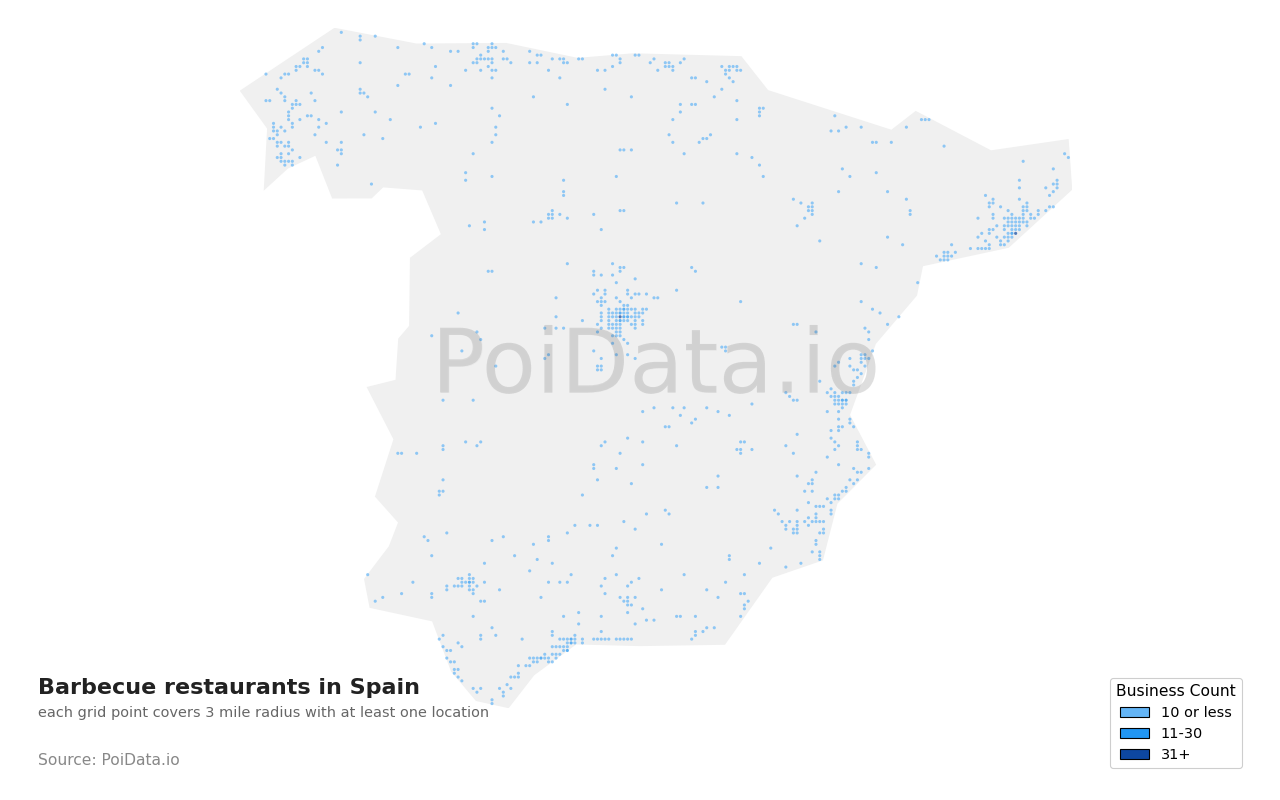 Barbecue restaurant density map for Spain