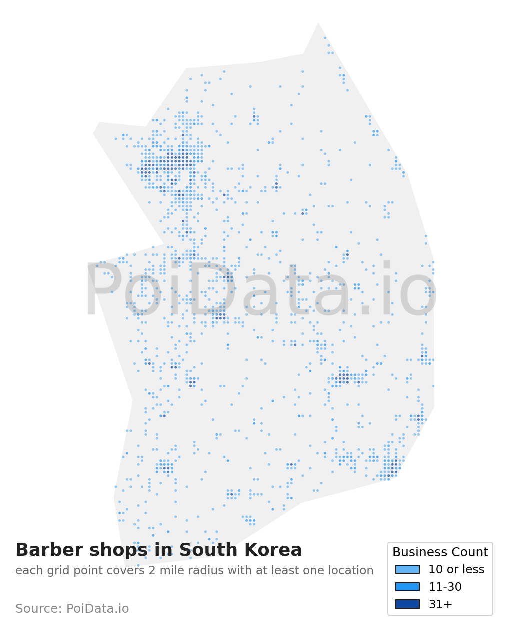 Barber shop density map for South Korea