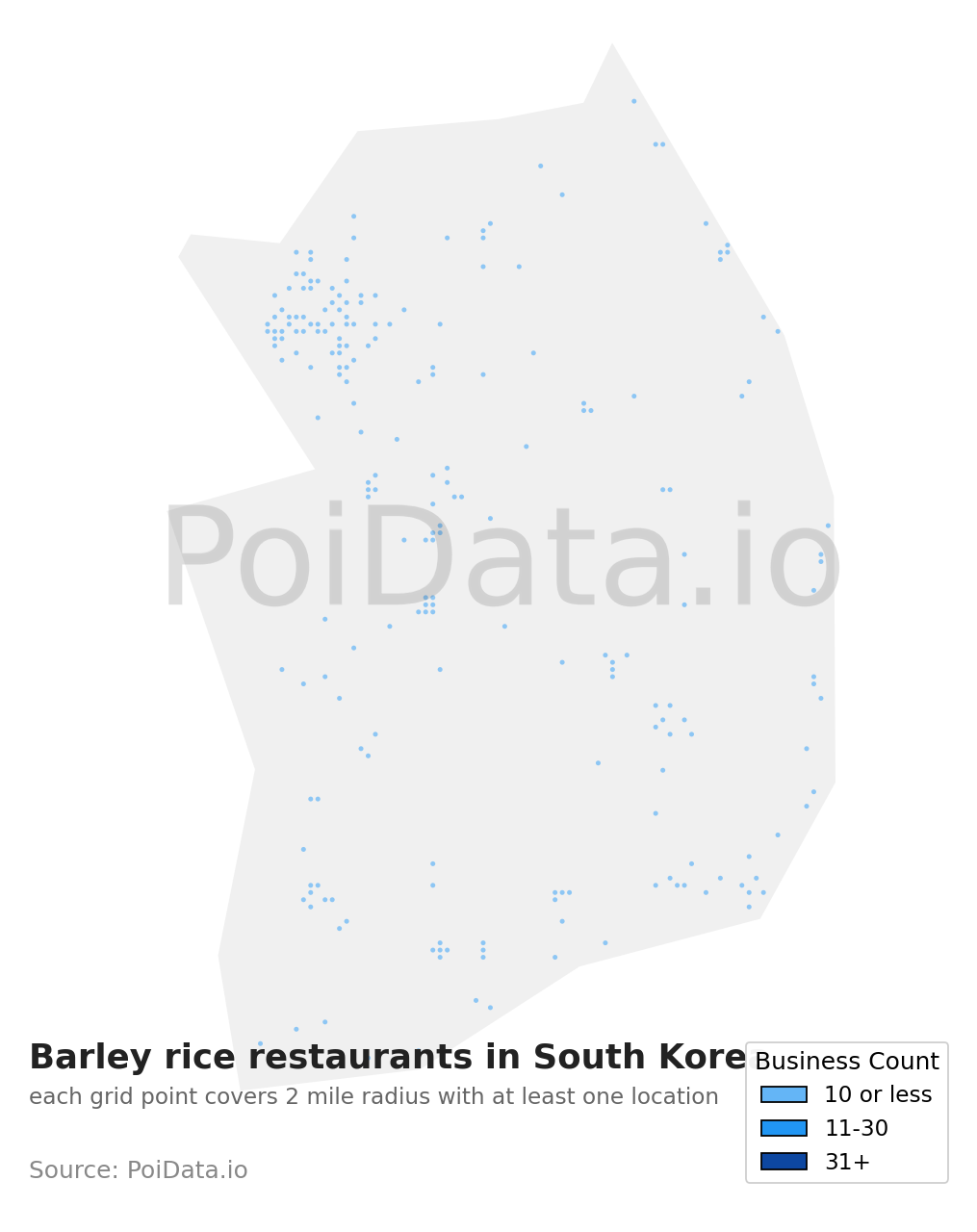 Barley rice restaurant density map for South Korea