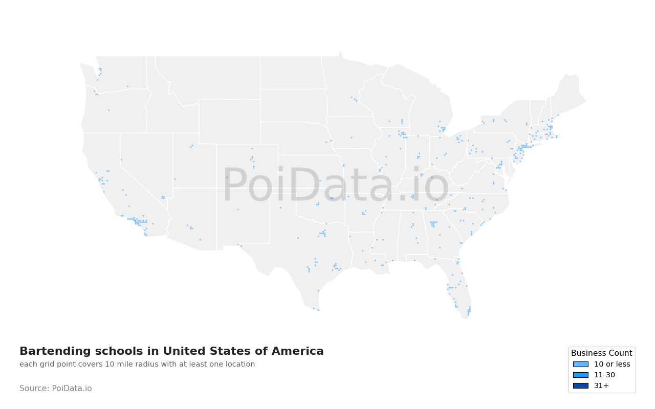 Bartending school density map for North Carolina, United States