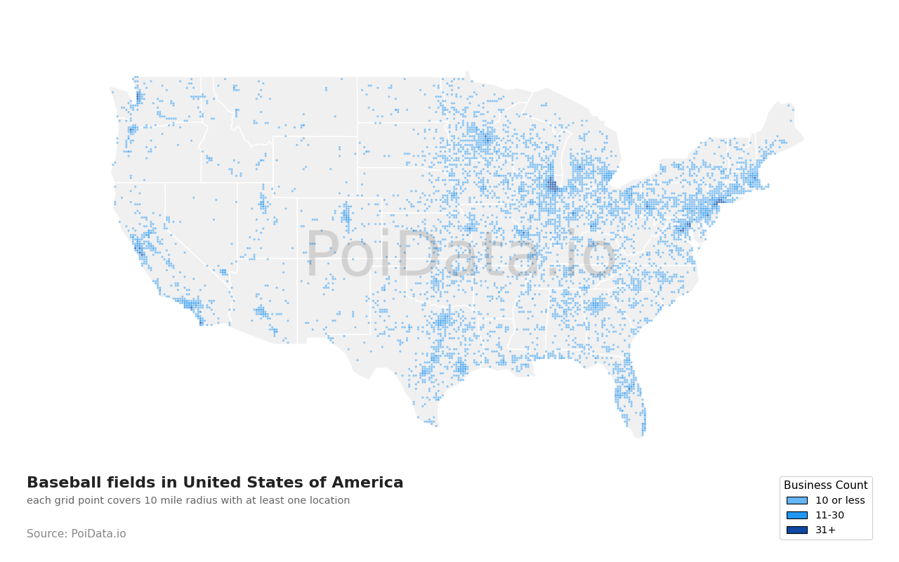 Baseball field density map for Kentucky, United States