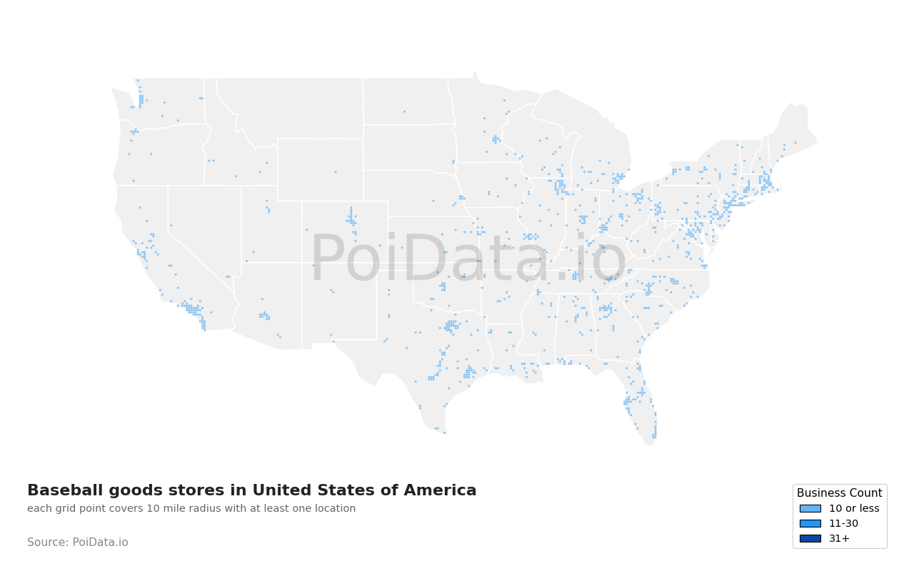 Baseball goods store density map for Indiana, United States